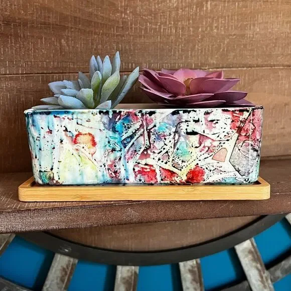Hand-Painted Ceramic Succulent Planter with Bamboo Tray - Picture 2 of 6